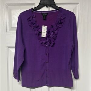 NWT!  White House Black Market, Purple Cardigan with Ruffle Detail, size large
